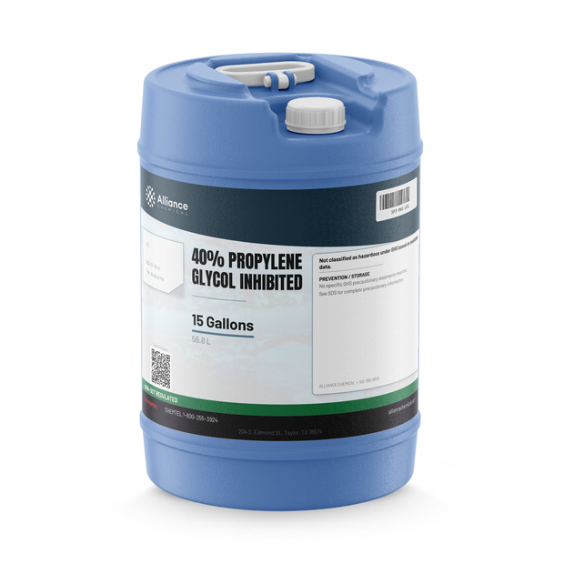 40% inhibited propylene glycol in a 15-gallon blue plastic carboy, Alliance Chemical for hydronic boilers and chillers