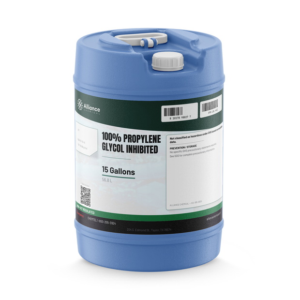 100% inhibited propylene glycol in a 15-gallon blue plastic carboy with top handle, Alliance Chemical
