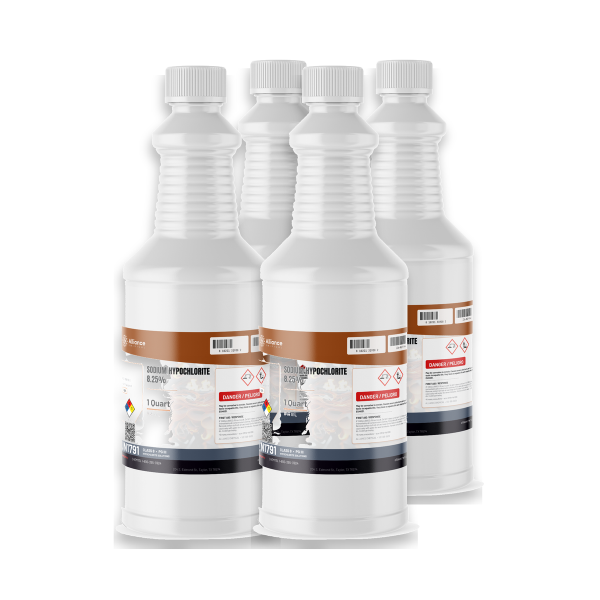 Sodium Hypochlorite 8.25% technical grade in four 1-quart white plastic bottles, Alliance Chemical