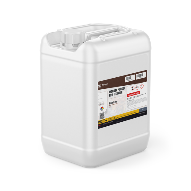 Hydrogen Peroxide 30% Technical Grade in a white 5-gallon jerry can by Alliance Chemical for pulp and textile bleaching
