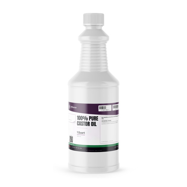 100% pure technical grade castor oil in a 1-quart white plastic bottle from Alliance Chemical