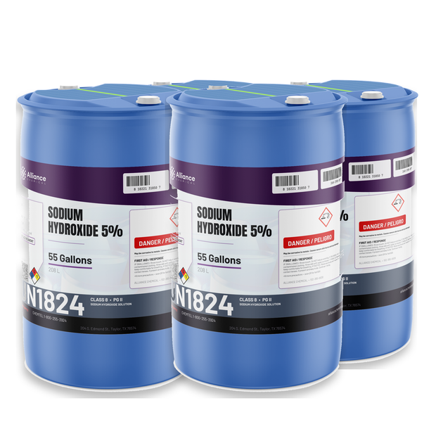 Sodium Hydroxide 5% ACS Reagent Grade in four 55-gallon blue plastic drums, Alliance Chemical