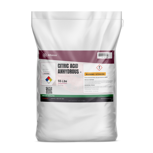 Citric acid anhydrous food grade in a 55 lb bag for food and beverage production, Alliance Chemical