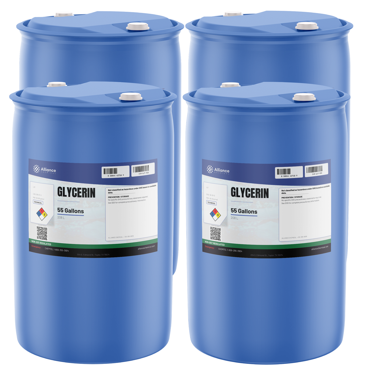 Glycerin Technical Grade liquid, four 55-gallon blue plastic drums, Alliance Chemical
