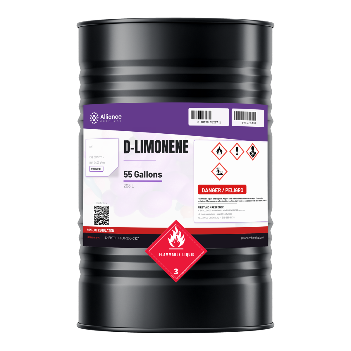 D-Limonene Technical Grade 55-gallon drum from Alliance Chemical for citrus-based degreasing and parts washing
