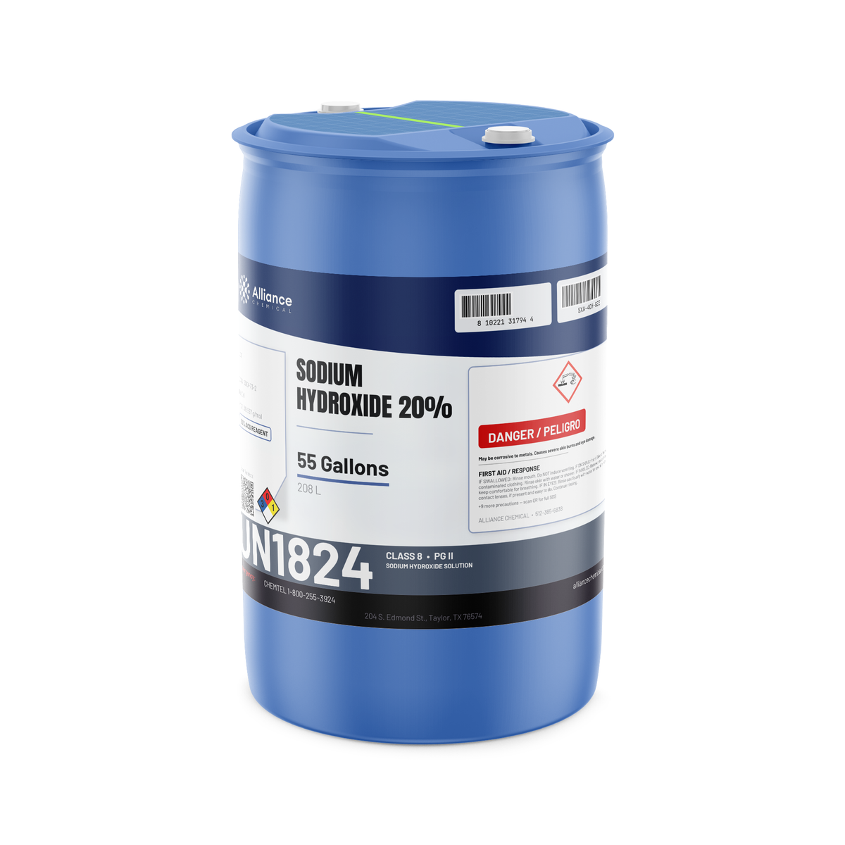 Sodium Hydroxide 20% ACS Reagent Grade liquid in a 55-gallon drum, Alliance Chemical