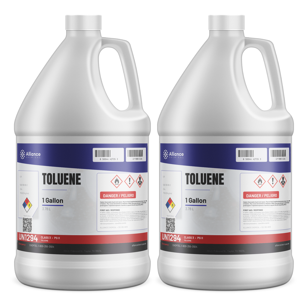 Toluene 99.5% Technical Grade two 1-gallon jugs, Alliance Chemical for industrial paint thinners and lacquers