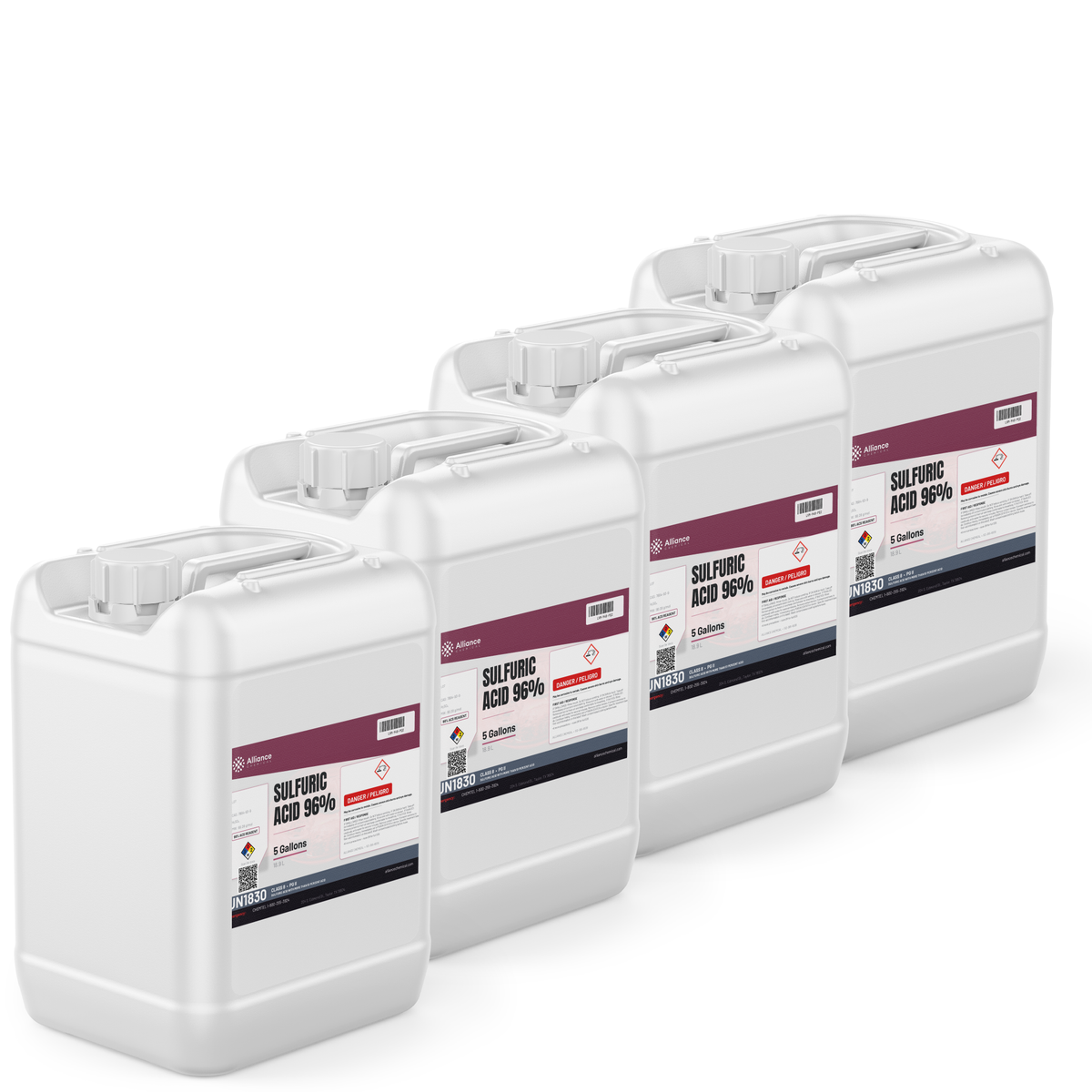 Sulfuric acid 96% ACS grade in four 5-gallon pails, Alliance Chemical for chemical manufacturing and metal treatment