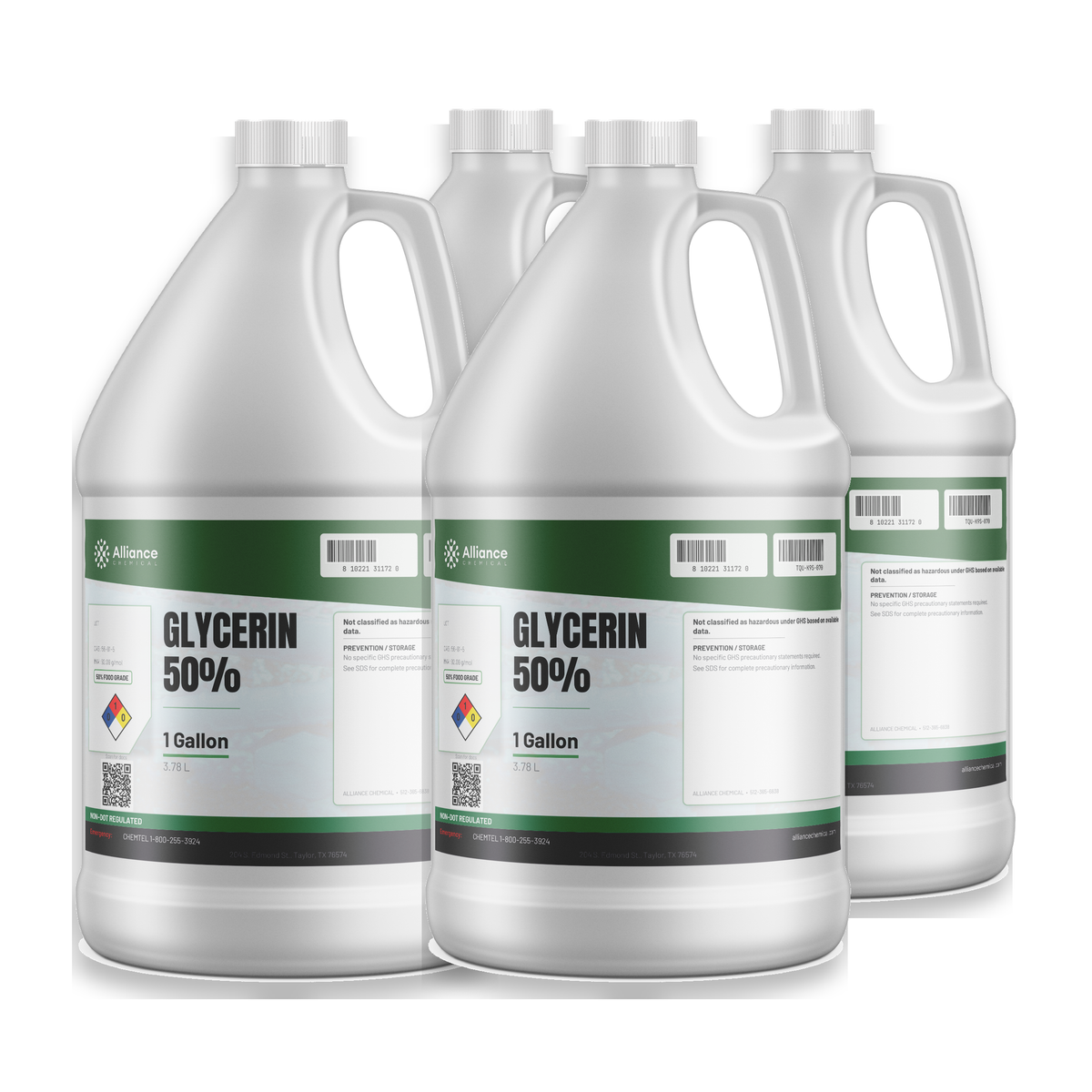 Glycerin 50% Food Grade case of four 1-gallon white HDPE plastic jugs, Alliance Chemical