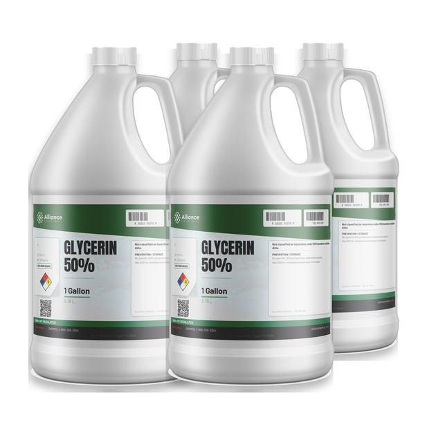 Glycerin 50% Food Grade case of four 1-gallon white HDPE plastic jugs, Alliance Chemical