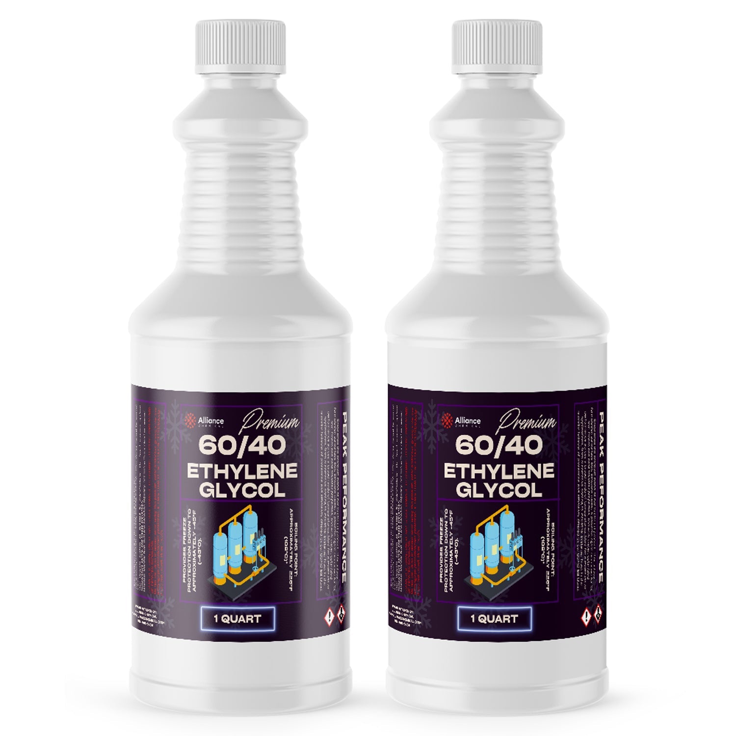 1-quart bottles of Premium 60/40 Ethylene Glycol antifreeze in white HDPE containers with purple labels and hazard warning symbols, Alliance Chemical brand.