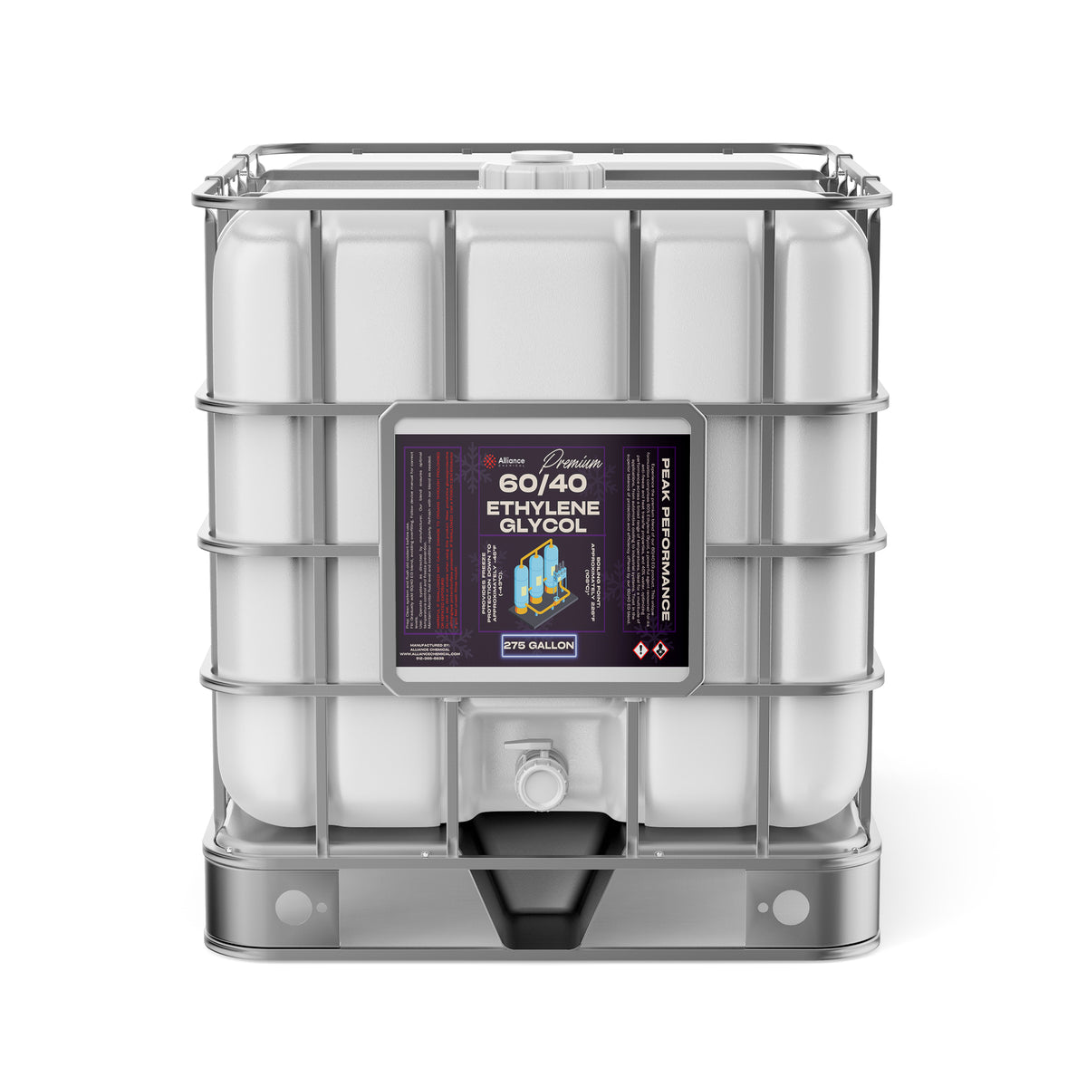 One 275-gallon plastic tote of Alliance Chemical Ethylene Glycol 60/40 with a metal cage and a spigot.