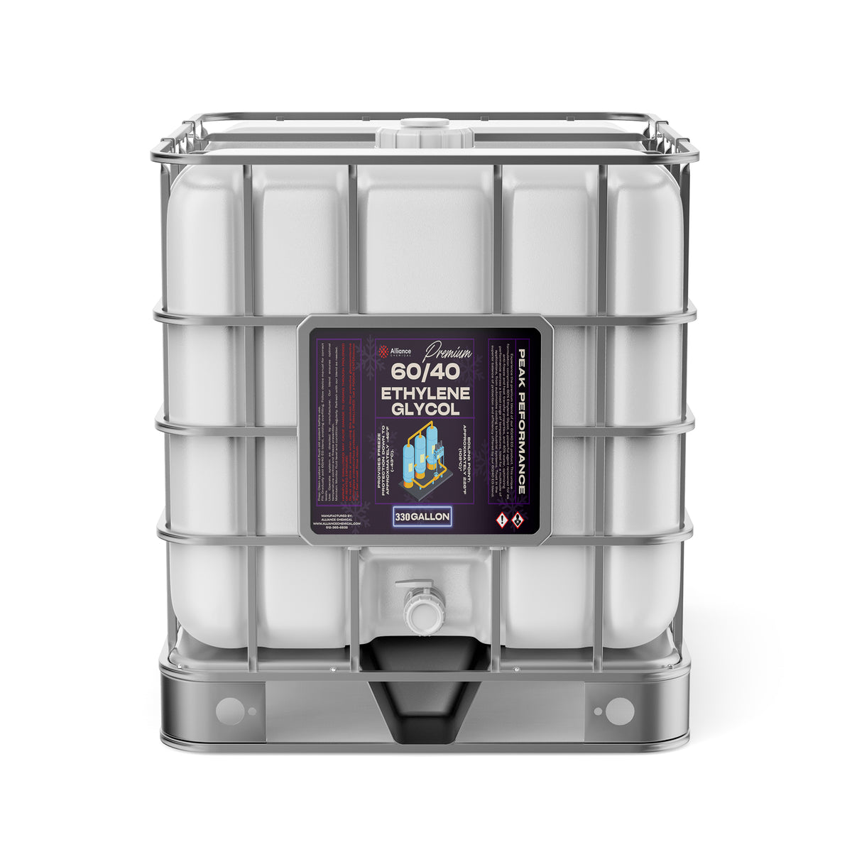 One 330-gallon plastic tote of Alliance Chemical Ethylene Glycol 60/40 with a metal cage.