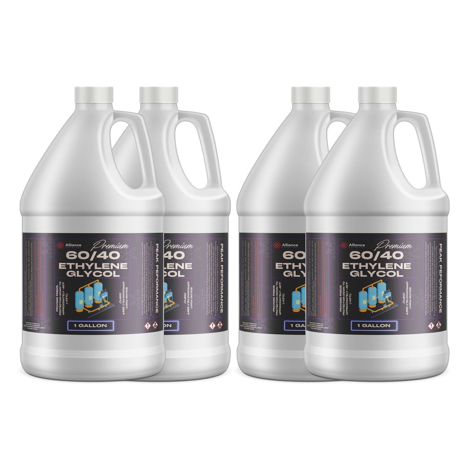 4x1-gallon Premium 60/40 Ethylene Glycol in white HDPE jugs with industrial warning symbols, black labels, Alliance Chemical branding.