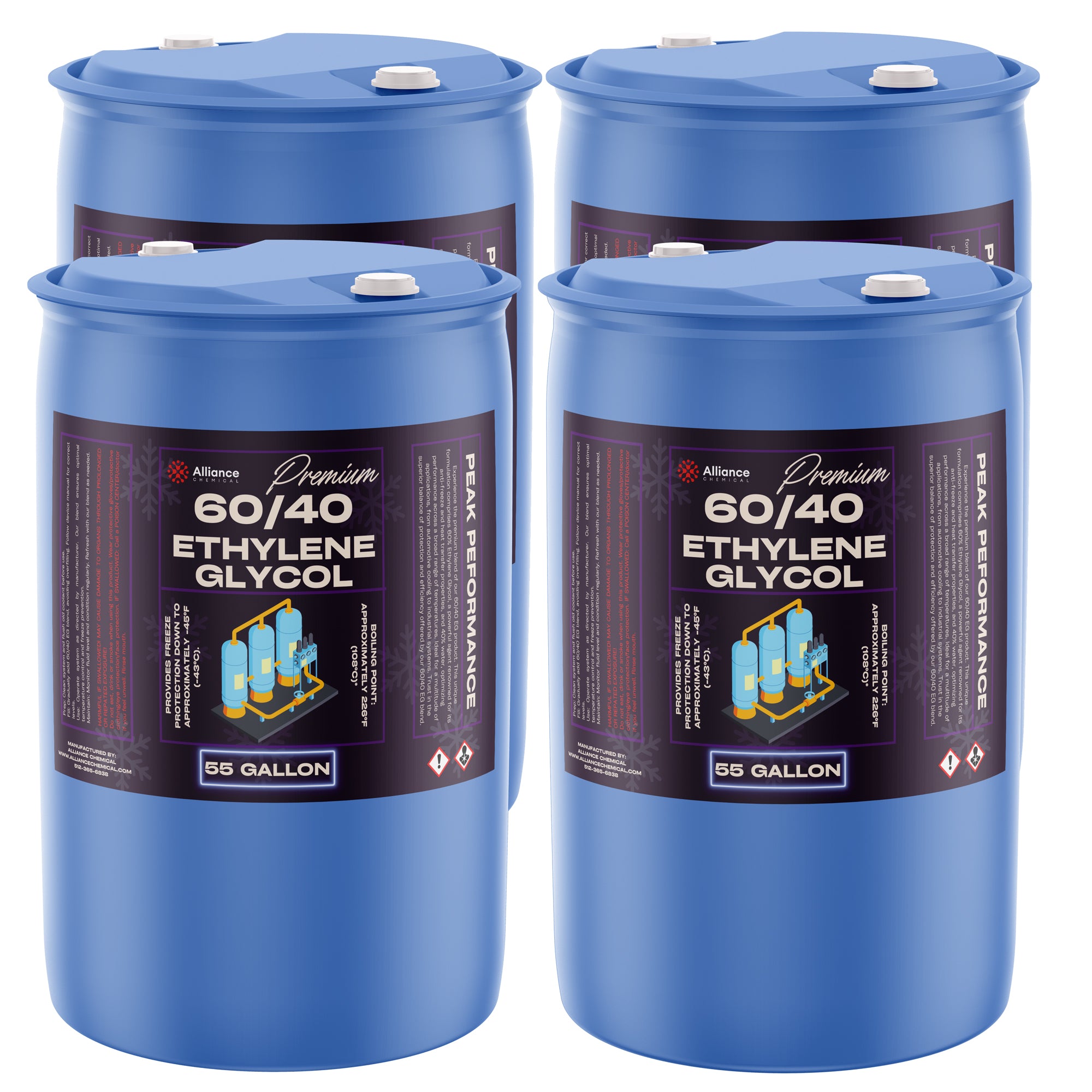 55-gallon blue drums of Alliance Premium 60/40 Ethylene Glycol coolant with hazard warning symbols, industrial process diagram, and sealed caps.