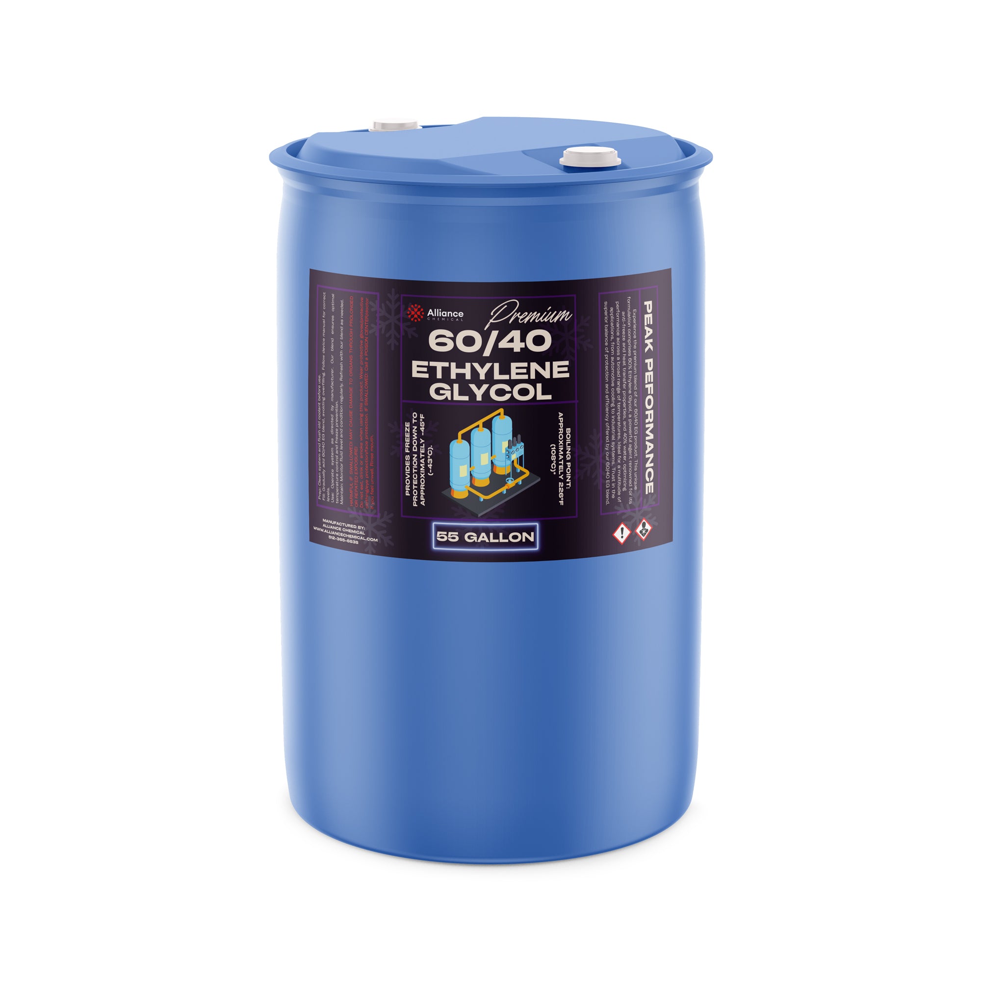 55-gallon blue HDPE drum of Premium 60/40 Ethylene Glycol antifreeze solution with hazard warning symbols and sealed industrial-grade closure caps.