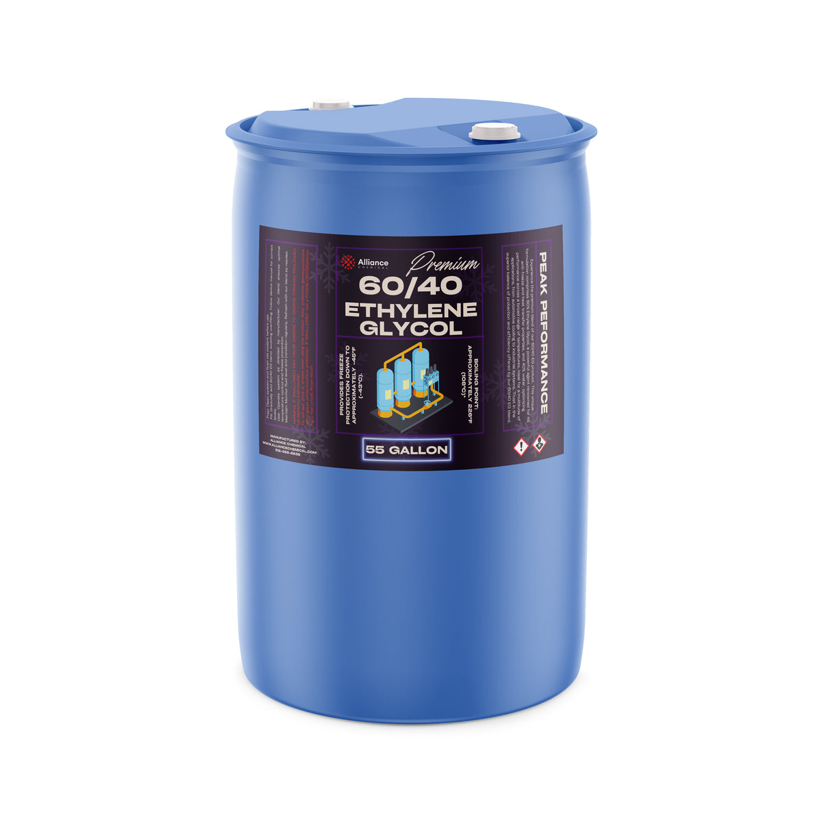 One 55-gallon plastic drum of Alliance Chemical Ethylene Glycol 60/40 with blue cap and product label.