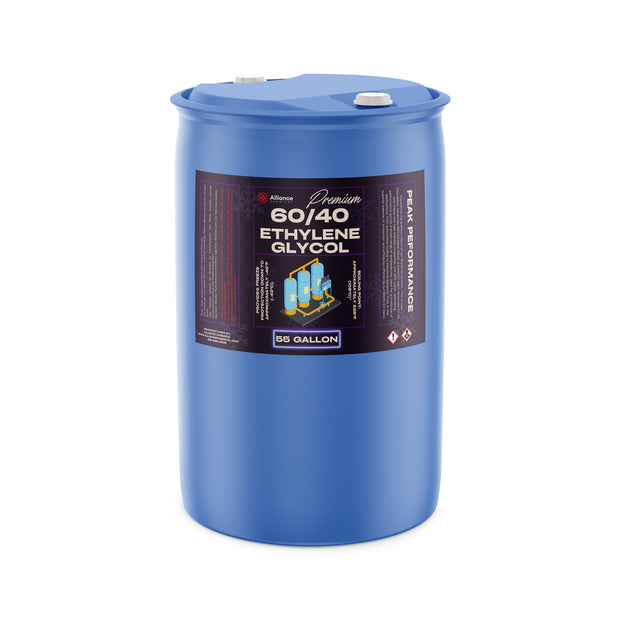 One 55-gallon plastic drum of Alliance Chemical Ethylene Glycol 60/40 with blue cap and product label.
