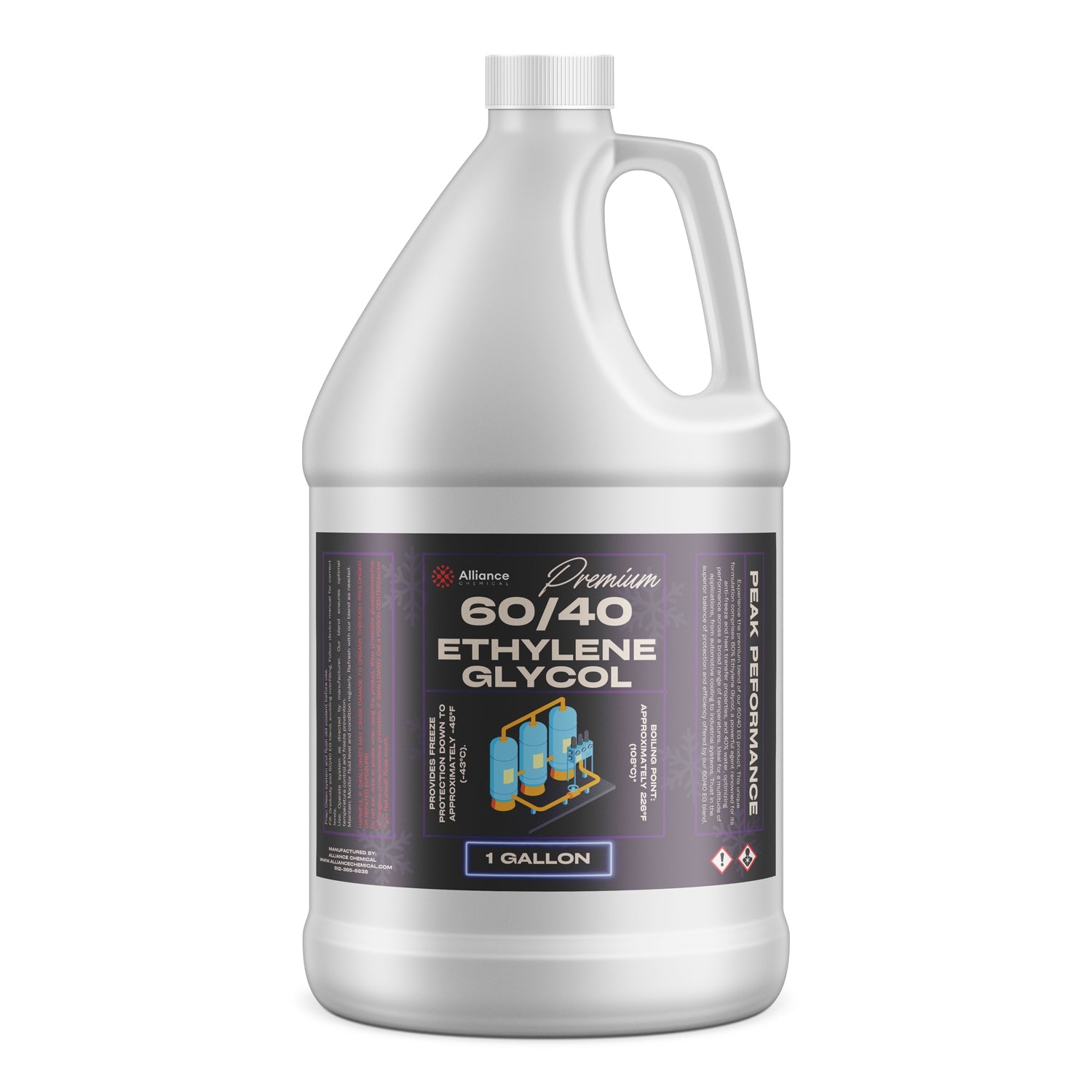 One-gallon white HDPE jug of Alliance Premium 60/40 Ethylene Glycol antifreeze with black label, hazard symbols, and industrial tank graphics.