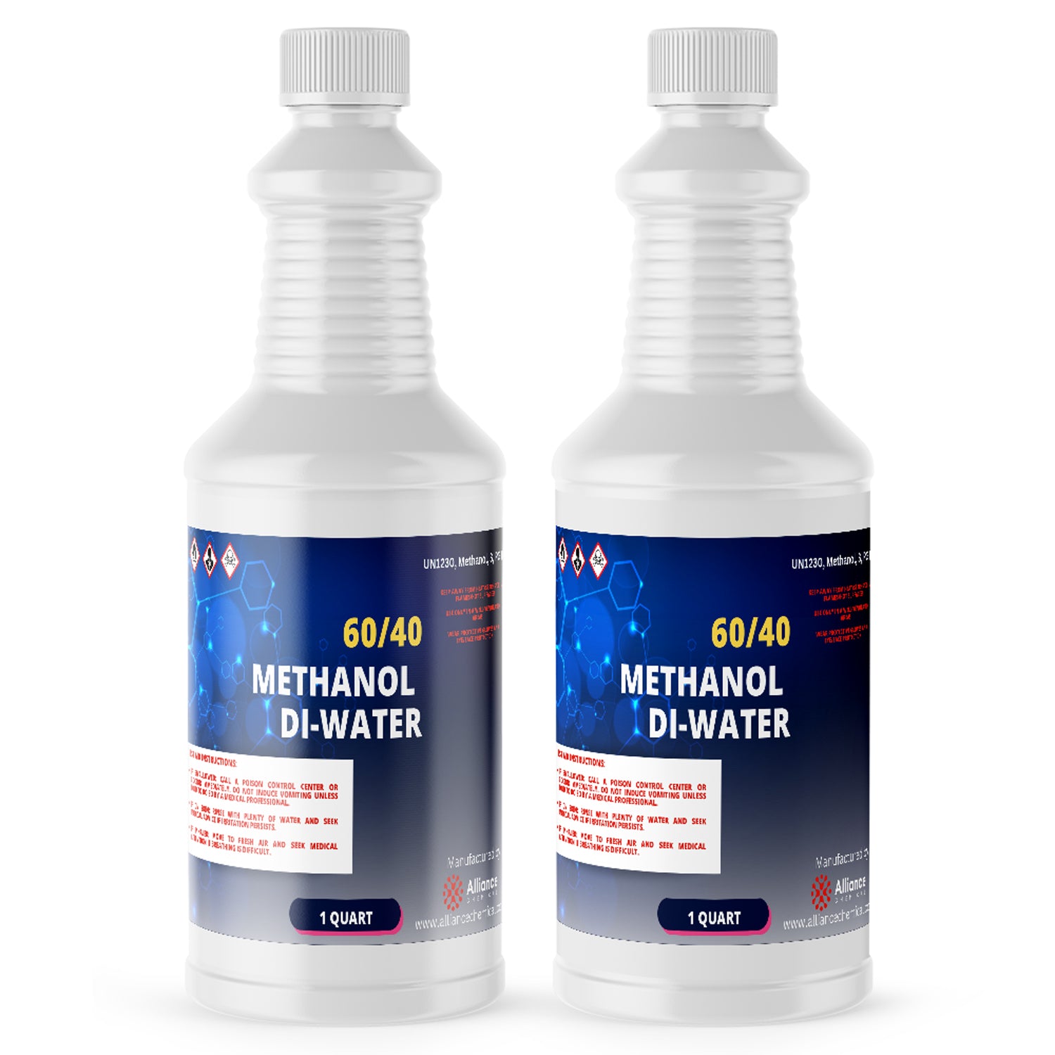 1-quart bottles of 60/40 Methanol-DI Water solution in ribbed white HDPE containers with GHS hazard symbols, blue gradient label.