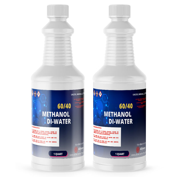 Two 1-quart HDPE bottles of Alliance Chemical 60/40 Methanol/ DI Water Solution with labels and white ribbed caps.