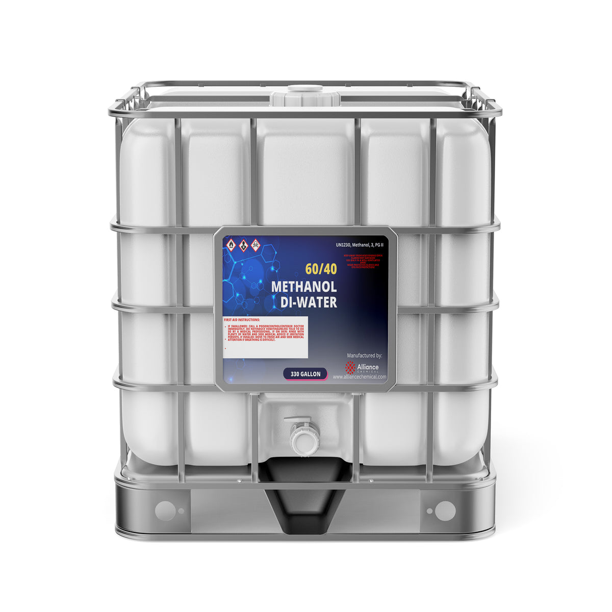 Alliance Chemical 330-gallon tote of 60/40 Methanol/ DI Water Solution with a metal cage and a spigot.
