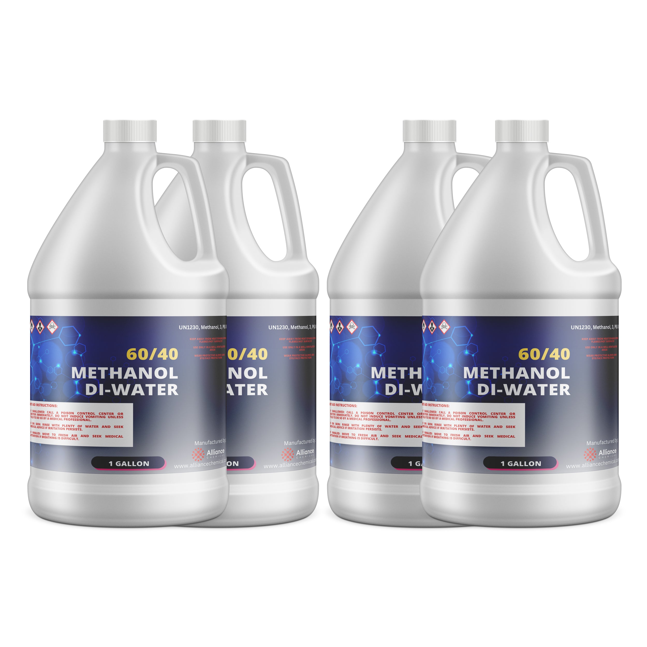 4x1-gallon methanol di-water solution (60/40 blend) in white HDPE containers with hazard symbols, UN1230 classification, and safety warnings.