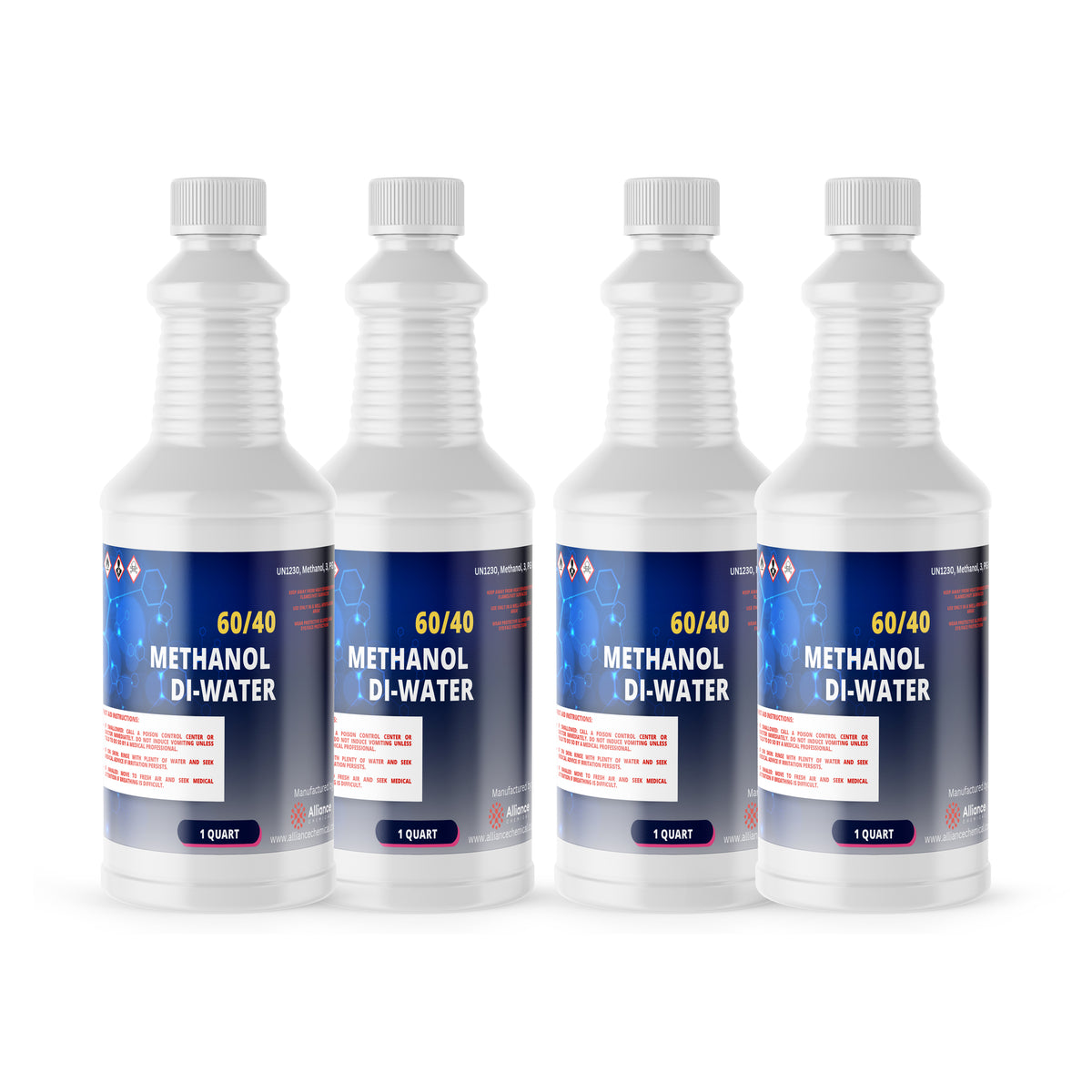 Four 1-quart plastic jugs of Alliance Chemical 60/40 Methanol/ DI Water Solution with white caps and product labels.