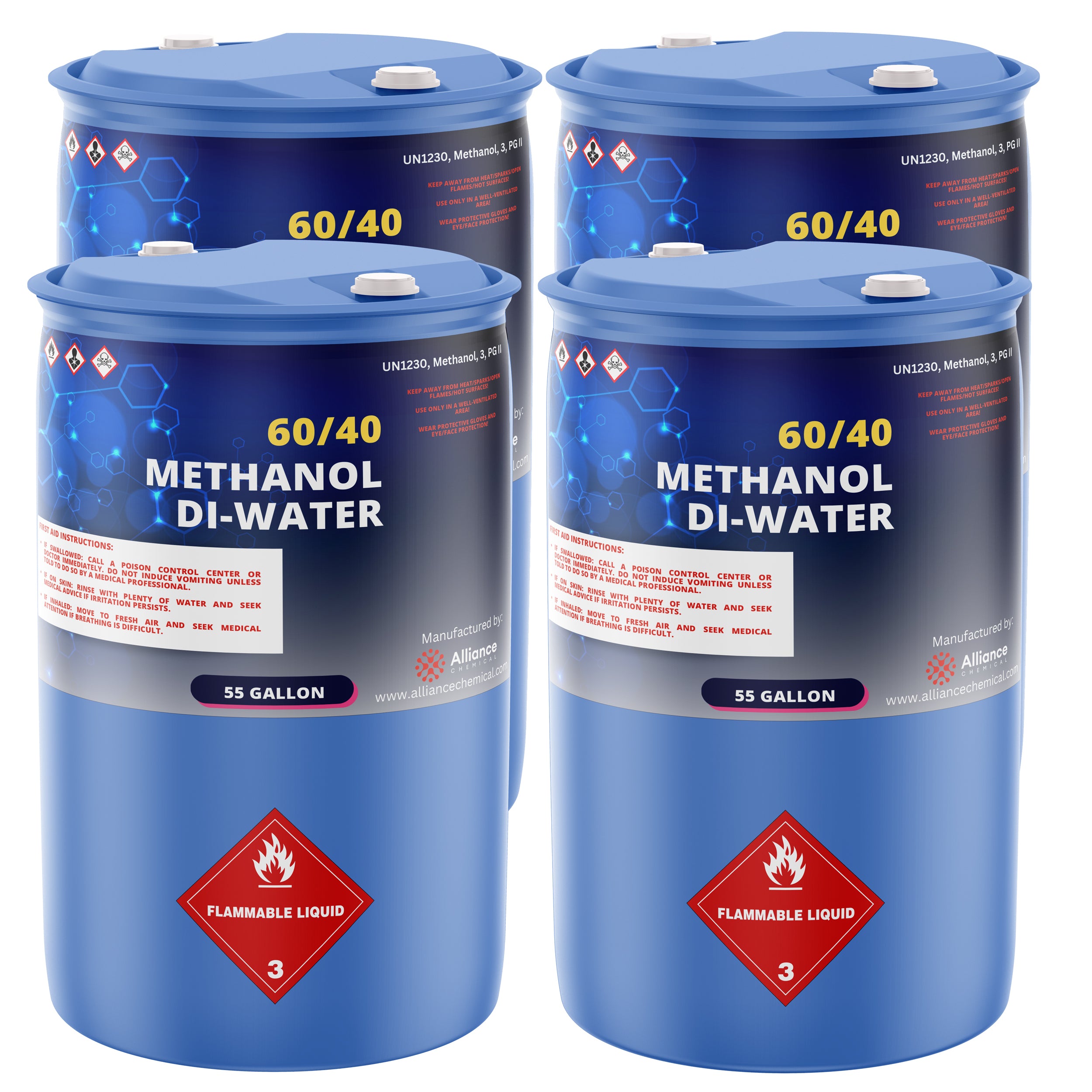 55-gallon blue drums of 60/40 Methanol Di-Water solution with UN1230 classification, flammable liquid Class 3 warning labels, manufactured by Alliance Chemical.