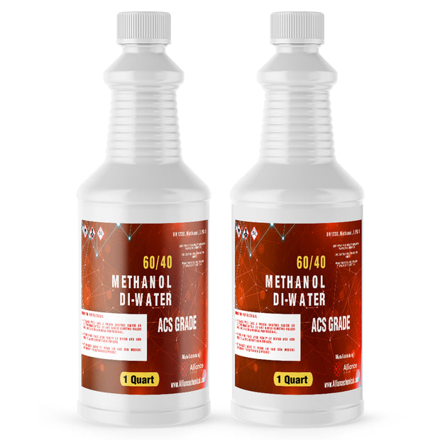 Two 1-quart plastic bottles of Alliance Chemical 60/40 Methanol/DI Water Solution ACS Grade with white caps.