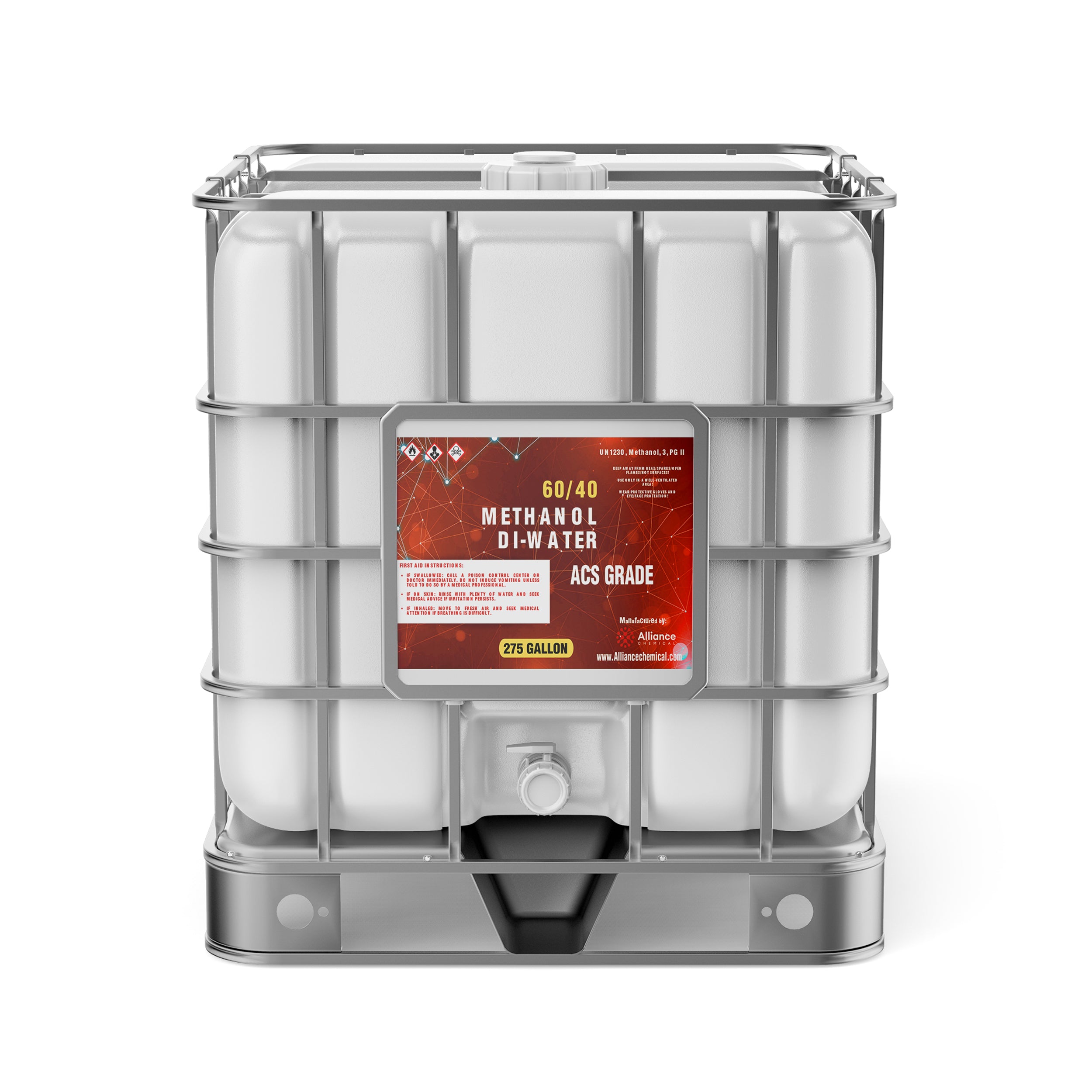 275-gallon IBC tote of 60/40 Methanol-DI Water solution, ACS grade, with hazard warning label, reinforced cage, and bottom discharge valve.