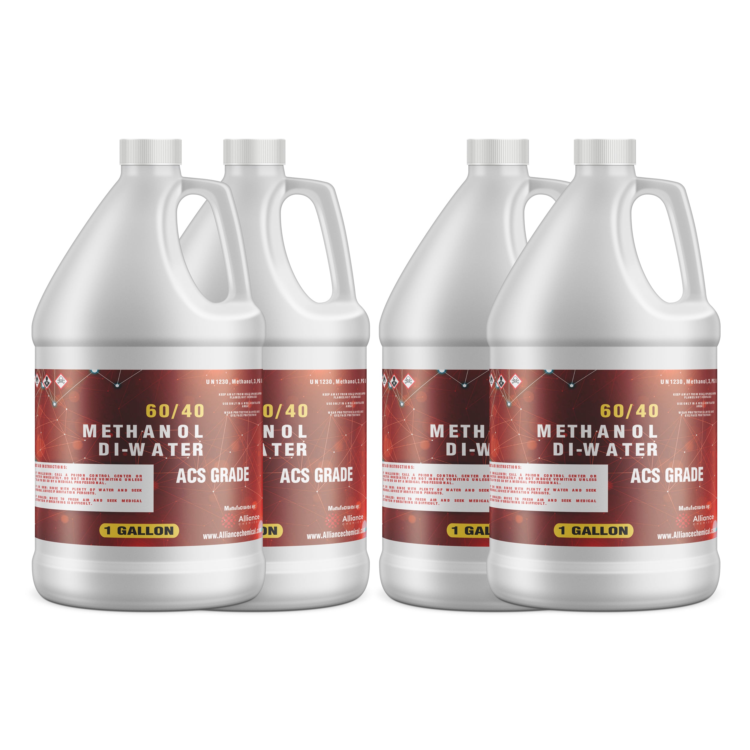 4x1-gallon HDPE containers of 60/40 Methanol Di-Water Solution, ACS Grade, with hazard warning symbols, white bottles, red labels, Alliance Chemical.