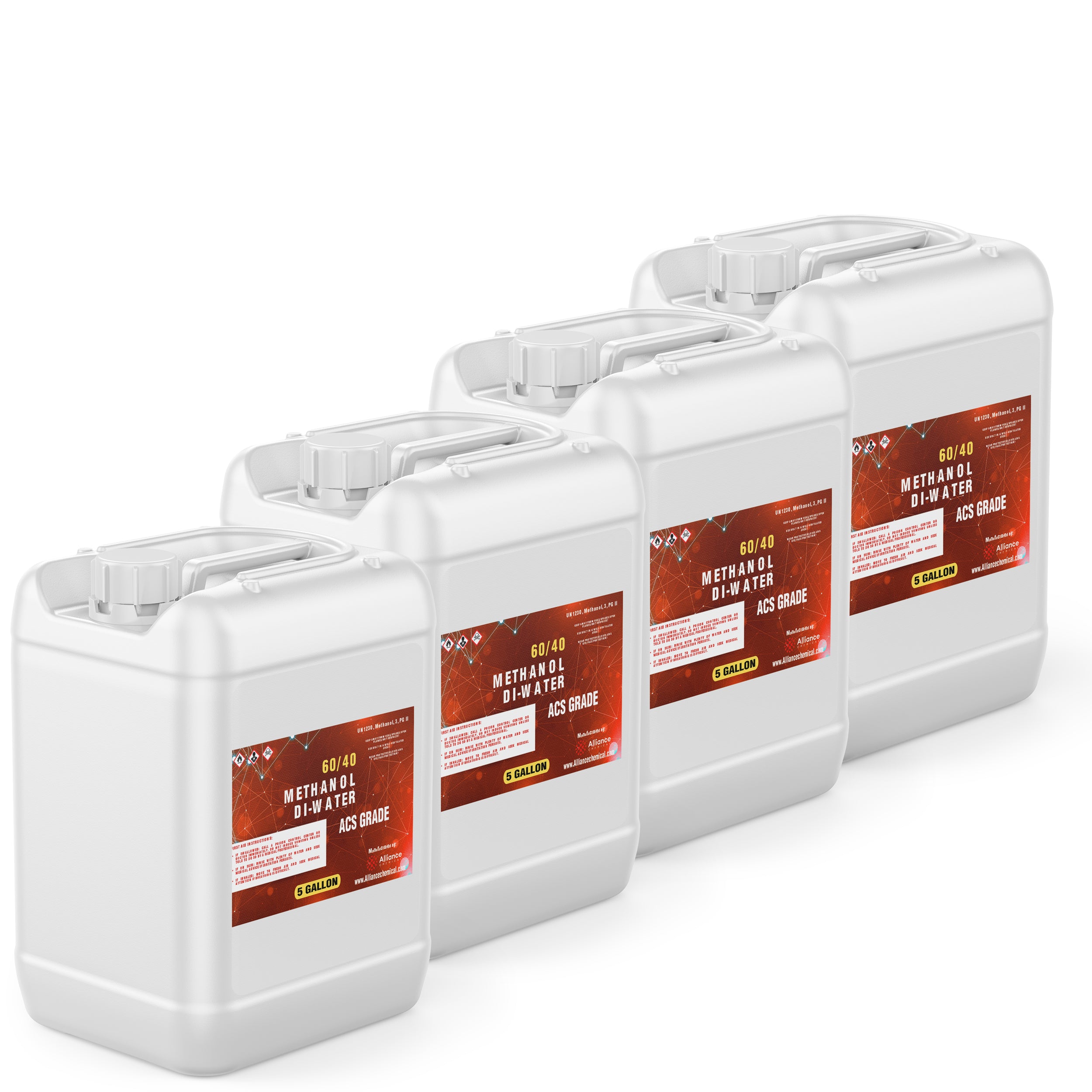 4x5-gallon HDPE containers of 60/40 Methanol-DI Water Solution, ACS Grade, with red hazard warning labels and screw-top safety caps.