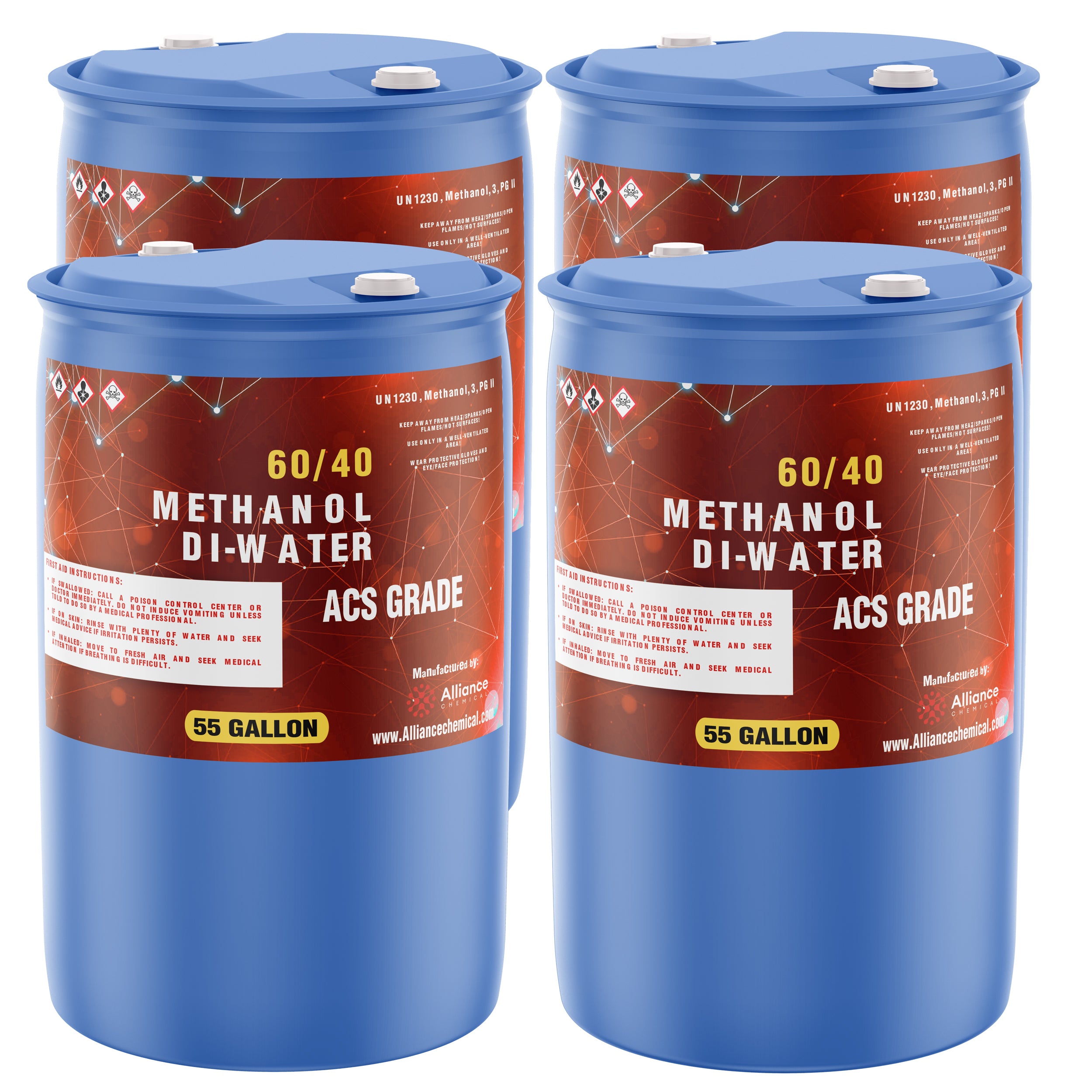 4x55-gallon blue drums of 60/40 Methanol/DI-Water ACS Grade solution, UN1230 hazard labeled, featuring Alliance Chemical branding and safety warnings.