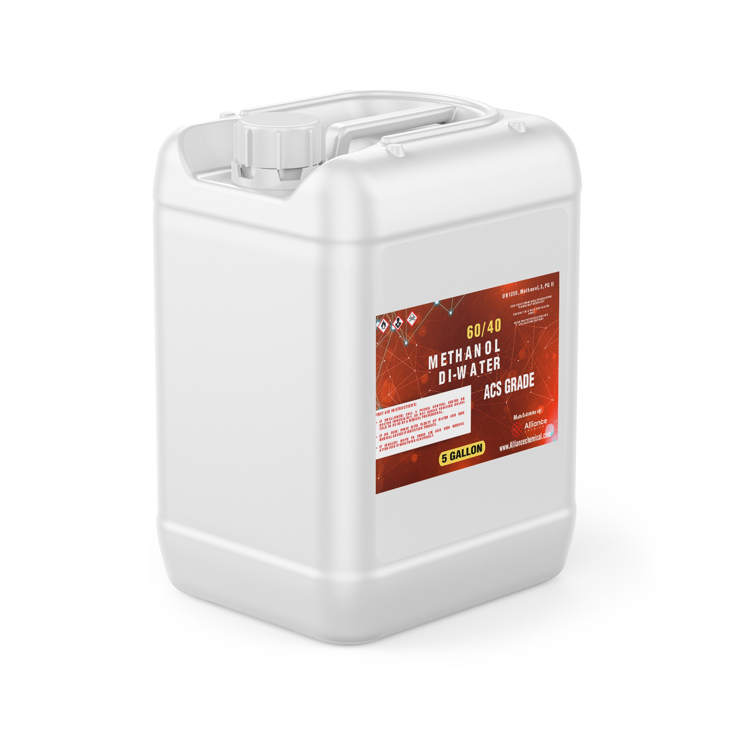 5-gallon industrial HDPE container of 60/40 Methanol-DI Water Solution (ACS Grade) with GHS hazard symbols and red label from Alliance Chemical.