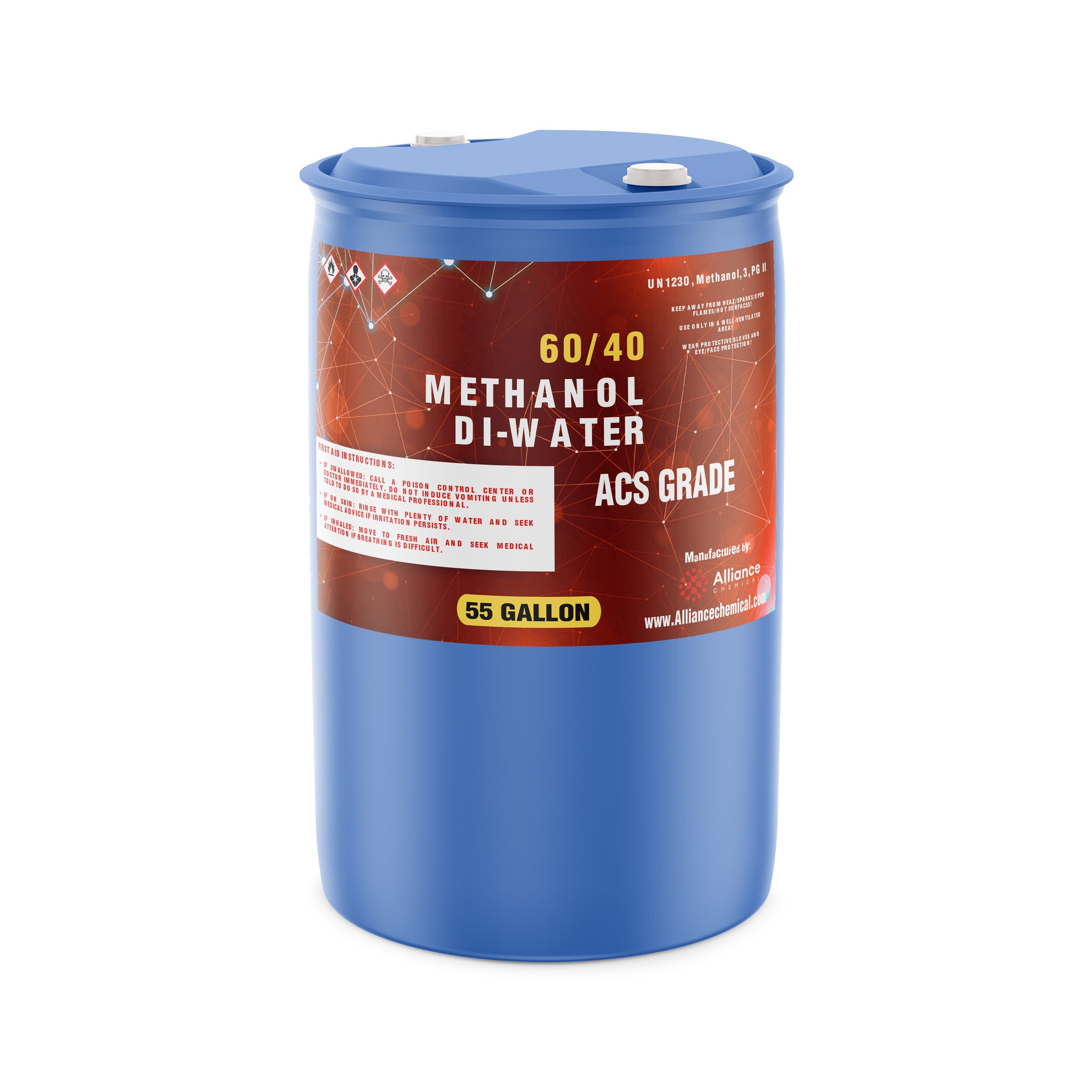55-gallon blue drum of 60/40 Methanol Di-Water ACS Grade solution with UN1230 hazard symbols, red label design, and white safety instructions.