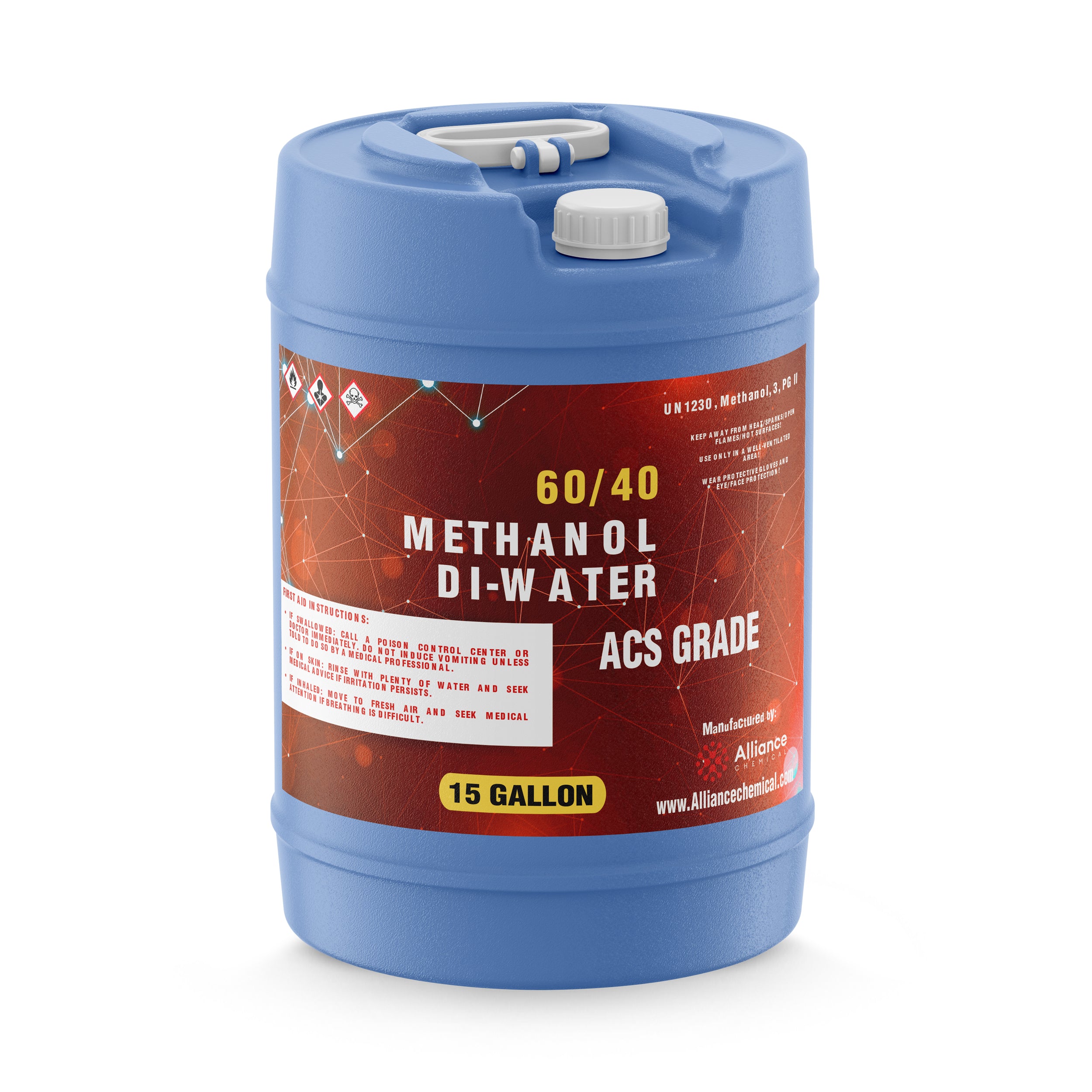 15-gallon blue HDPE carboy of 60/40 Methanol Di-Water ACS Grade solution with hazard warning symbols, red label, and dual-port cap system.