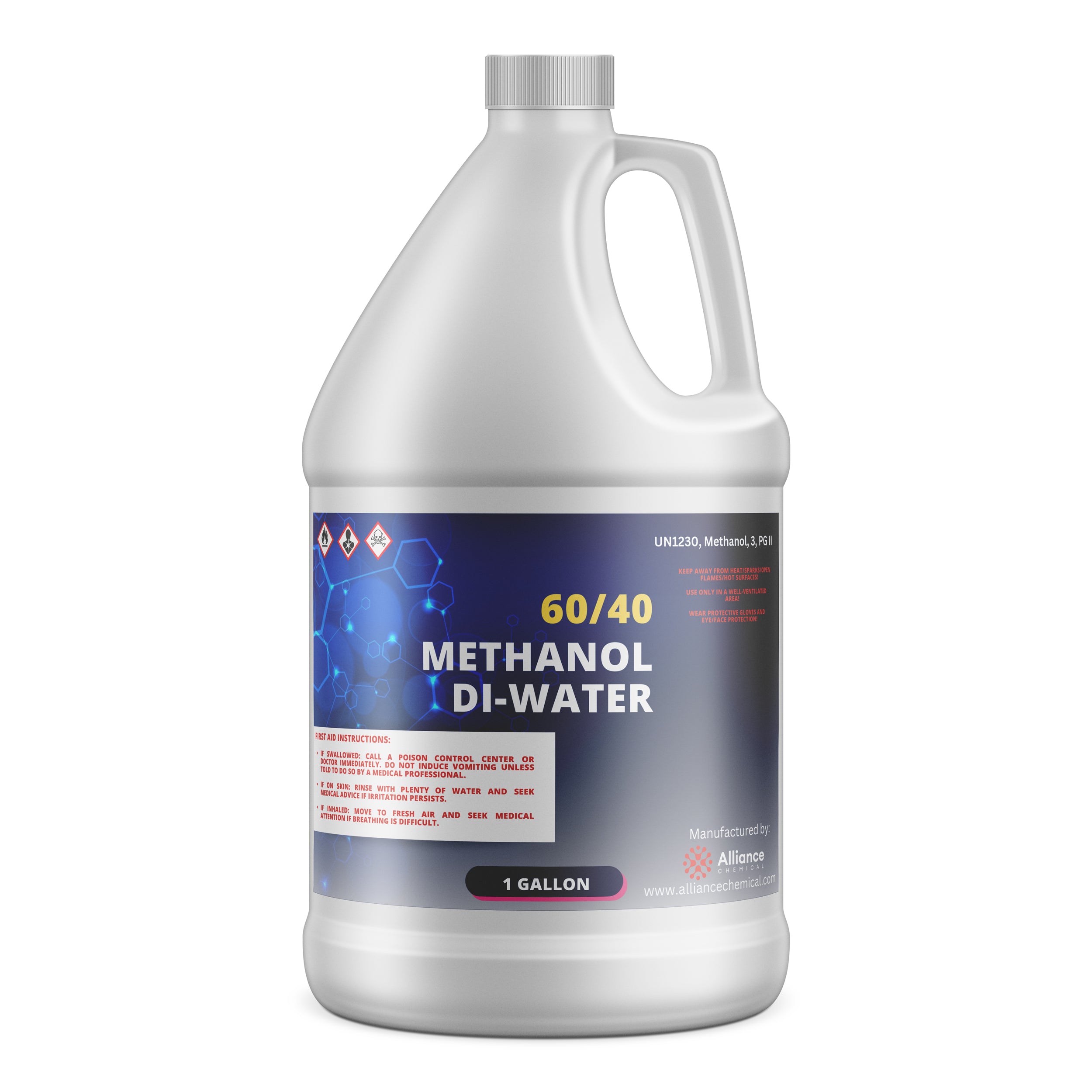 1-gallon methanol-water solution (60/40) in white HDPE jug with hazard pictograms, first aid instructions, and molecular structure graphics.