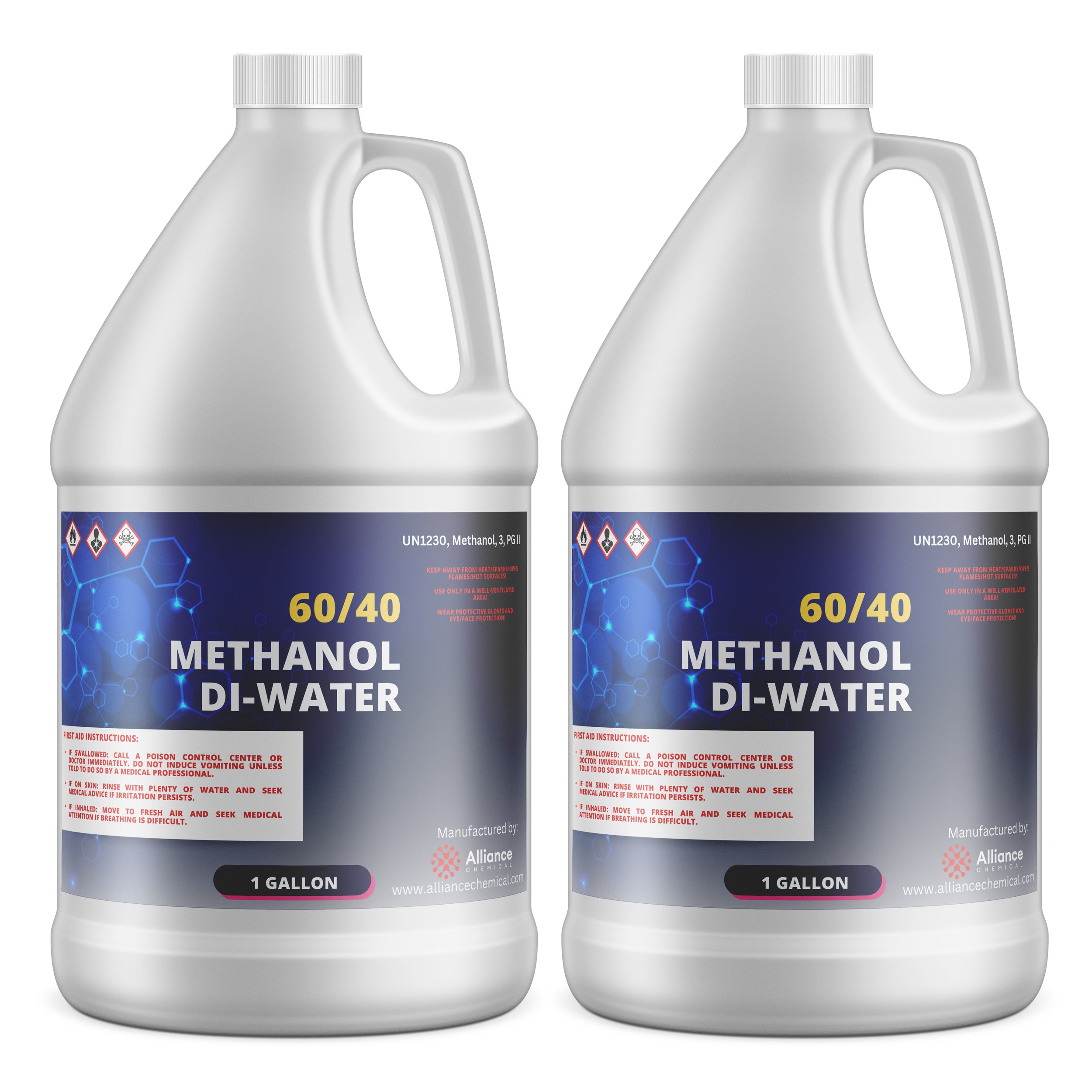 1-gallon HDPE containers of 60/40 Methanol Di-Water solution with UN1230 hazard symbols, blue molecular graphics, and safety warning labels.