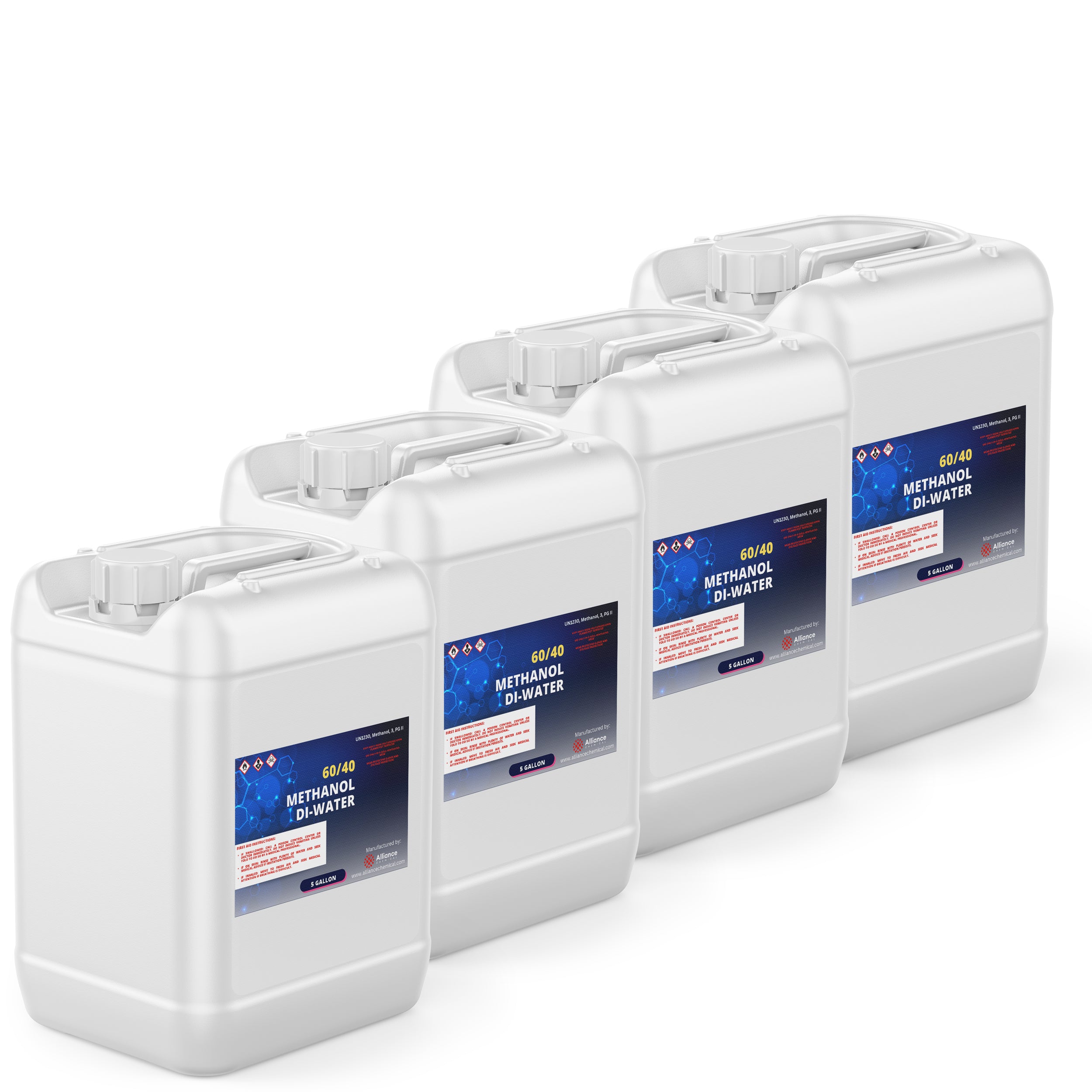 5-gallon HDPE jugs (4-pack) of 60/40 Methanol-DI Water solution with hazard warning labels, chemical formula graphics, and secure screw caps.