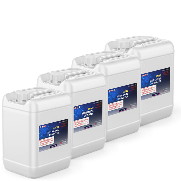Four 5-gallon Alliance Chemical 60/40 Methanol/ DI Water Solution HDPE jugs with labels and integrated handles