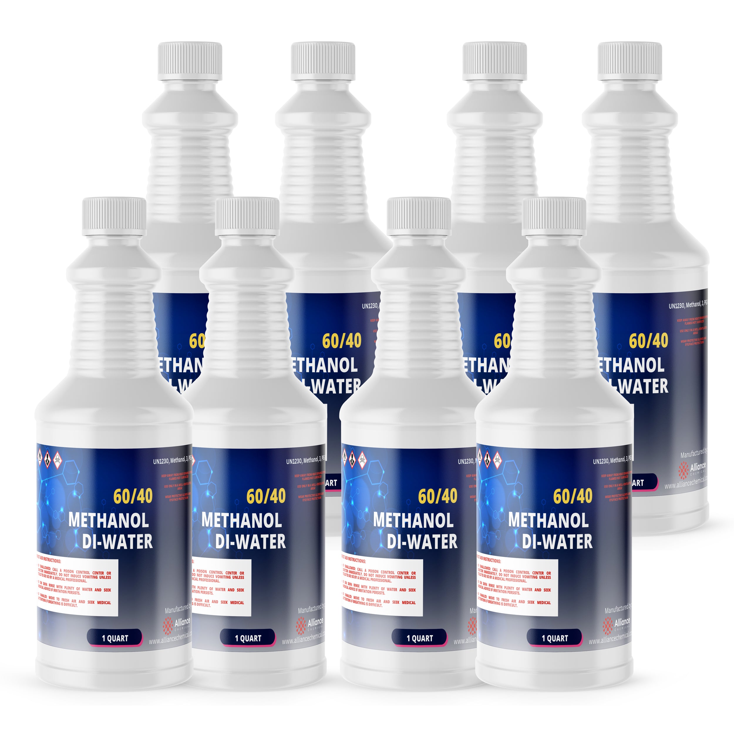 8x1 quart bottles of 60/40 Methanol-DI Water solution in white HDPE containers with blue labels, UN2230 marking and hazard symbols.