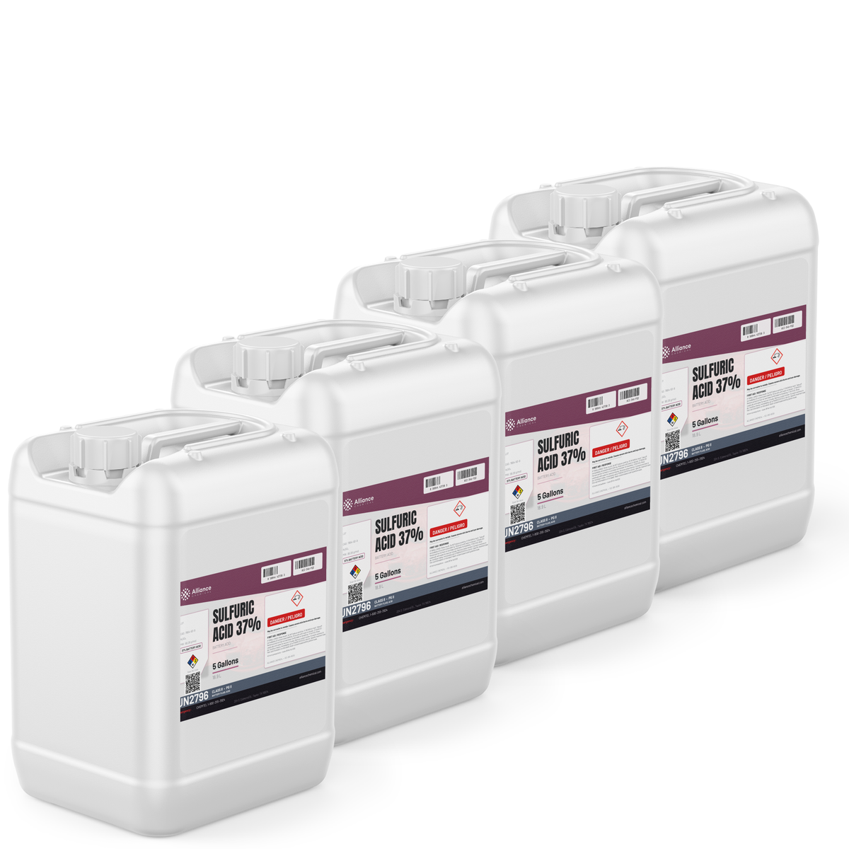 Sulfuric acid 37% in four 5-gallon jerry cans for battery electrolyte maintenance, Alliance Chemical