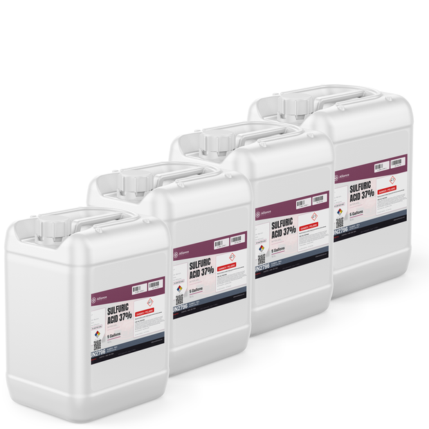 Sulfuric acid 37% in four 5-gallon jerry cans for battery electrolyte maintenance, Alliance Chemical