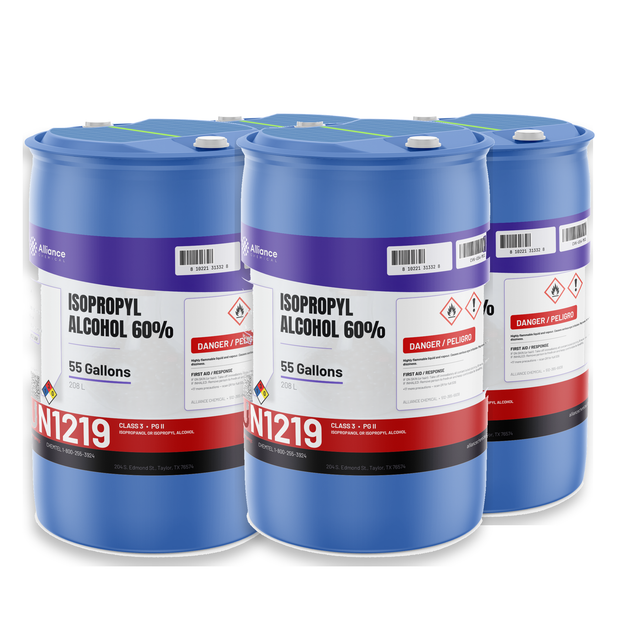 Isopropyl Alcohol 60% USP Grade in four blue 55-gallon plastic drums from Alliance Chemical