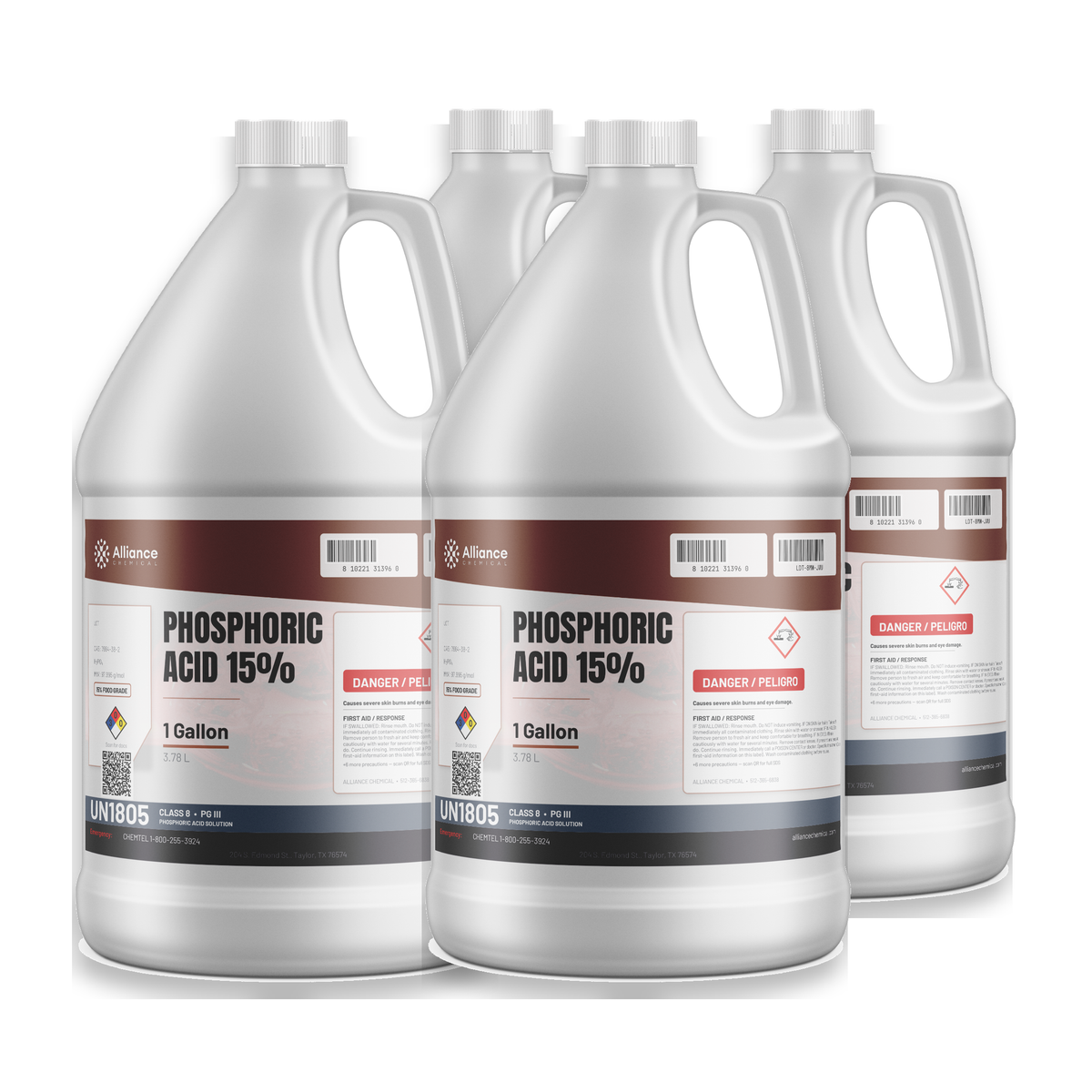 Phosphoric Acid 15% Food Grade liquid in a case of four 1-gallon plastic jugs, Alliance Chemical