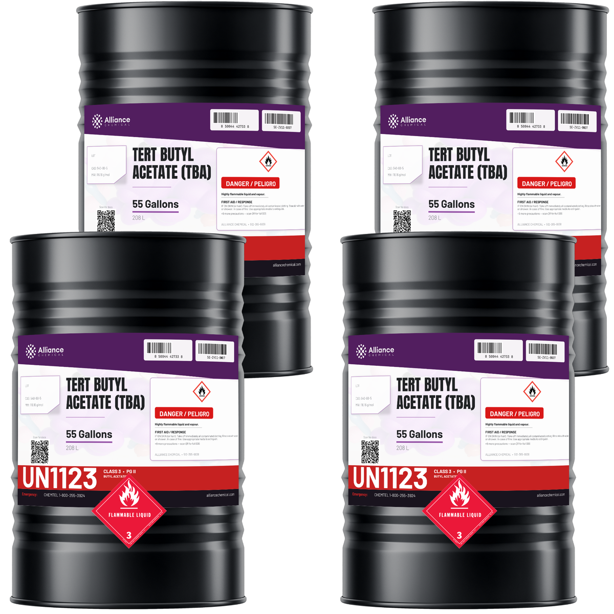 Tert Butyl Acetate Technical Grade, four 55-gallon drums from Alliance Chemical for industrial coatings and degreasing