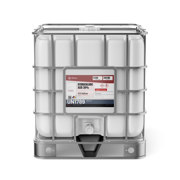 Hydrochloric Acid 20% Technical Grade in a 275-gallon IBC tote for metal finishing, Alliance Chemical