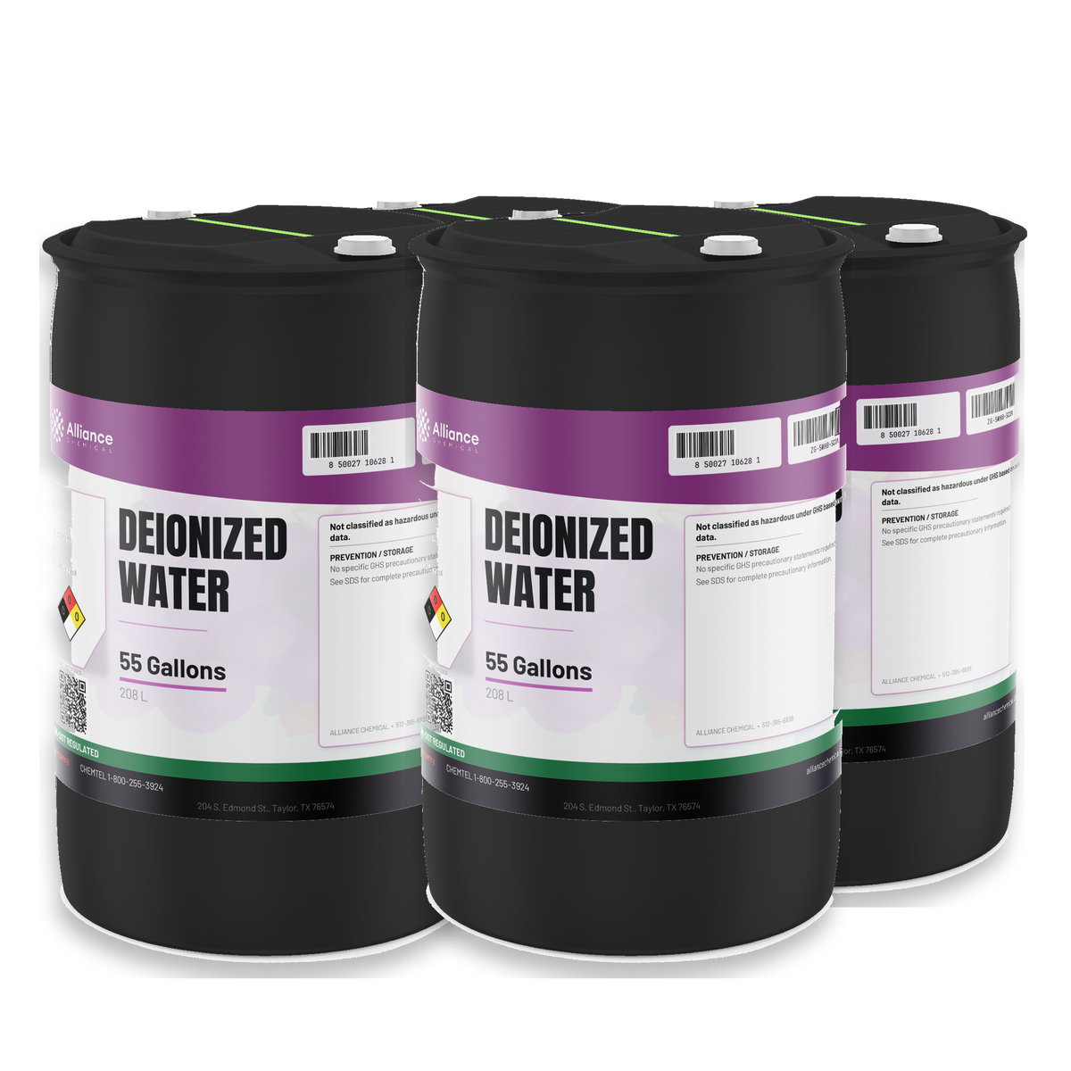 Deionized Water Technical Grade, four black 55-gallon poly drums, Alliance Chemical for lab reagent prep and cooling systems