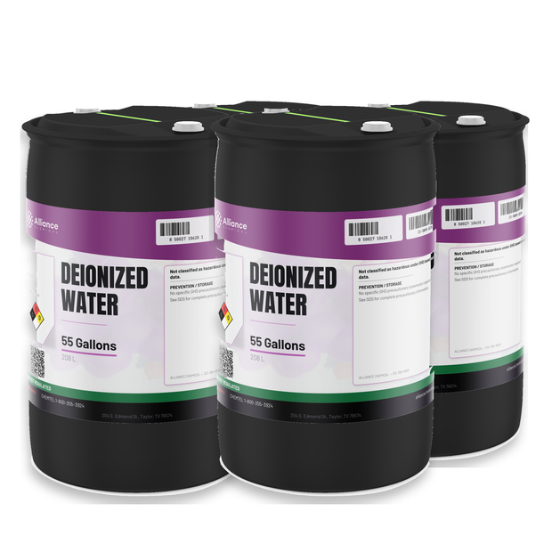Deionized Water Technical Grade, four black 55-gallon poly drums, Alliance Chemical for lab reagent prep and cooling systems
